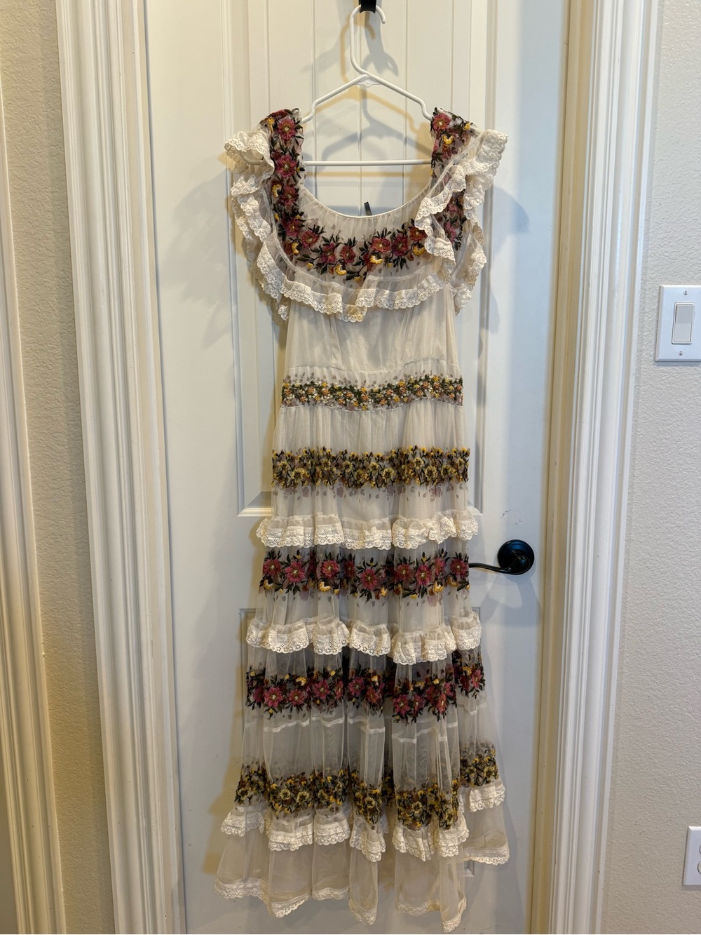 Anthropologie Ruffle-Sleeve V-Neck Embroidered Tulle Tiered Maxi Dress - Picture 5 of 7
